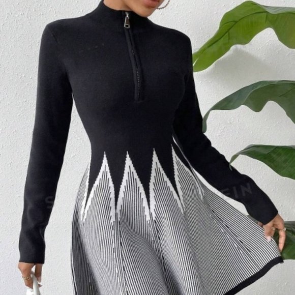 Black and White Striped Pattern Placket Sweater Dress - Picture 1 of 5